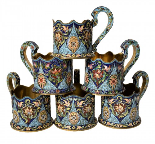 6 tea cups, Golden Silver and enamels,  Moskow 1908